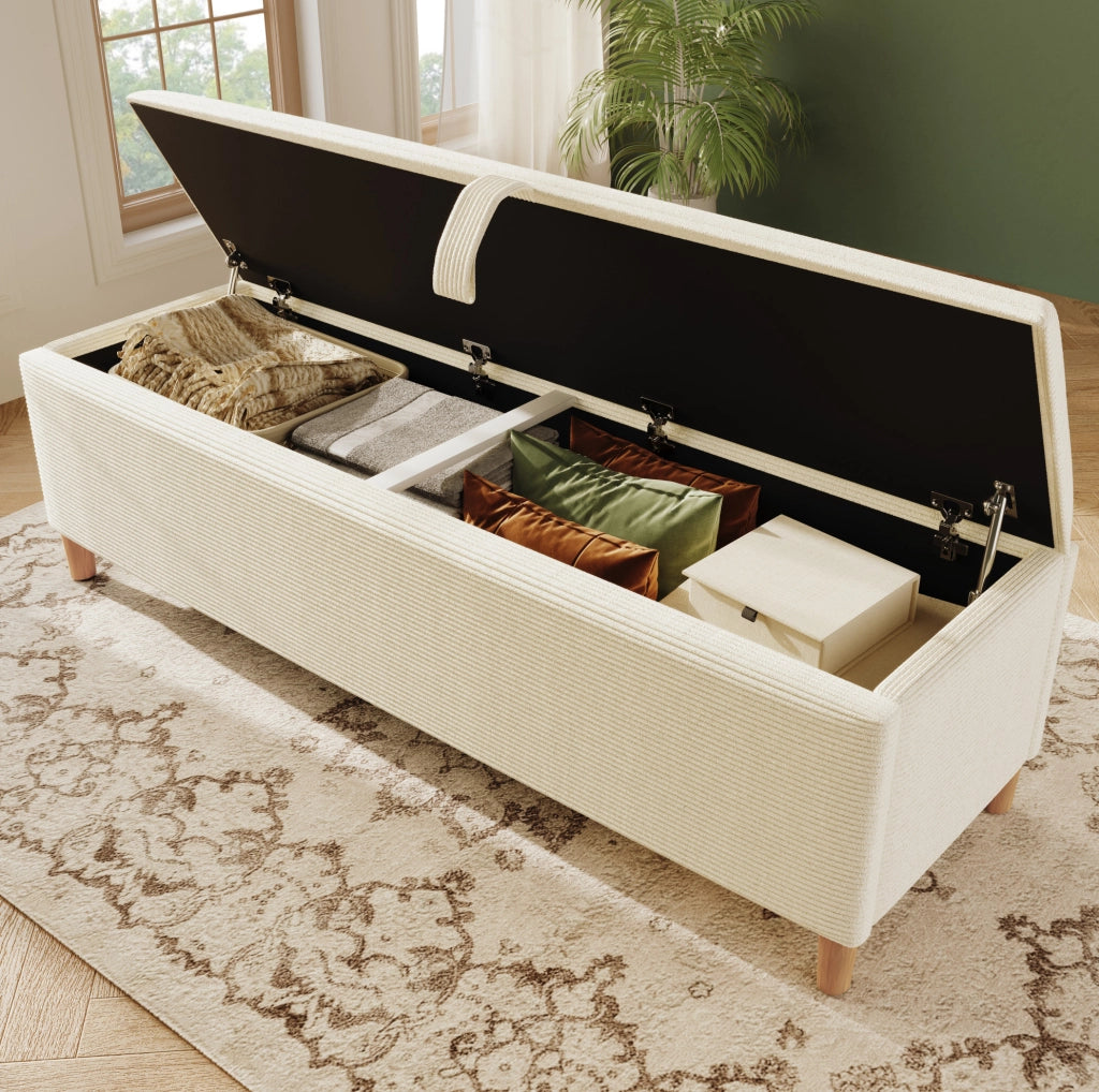 Panca da letto 165x38x46 cm con spazio contenitore idraulico in velluto a coste e legno beige