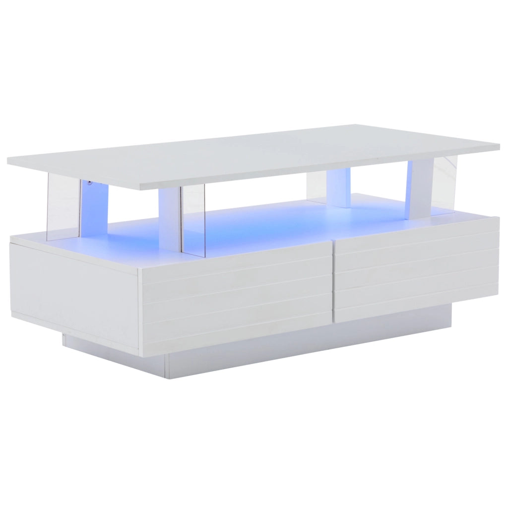 Tavolino da caffè LED bianco moderno con contenitore; 100 x 50 x 42 cm; in truciolare e acrilico