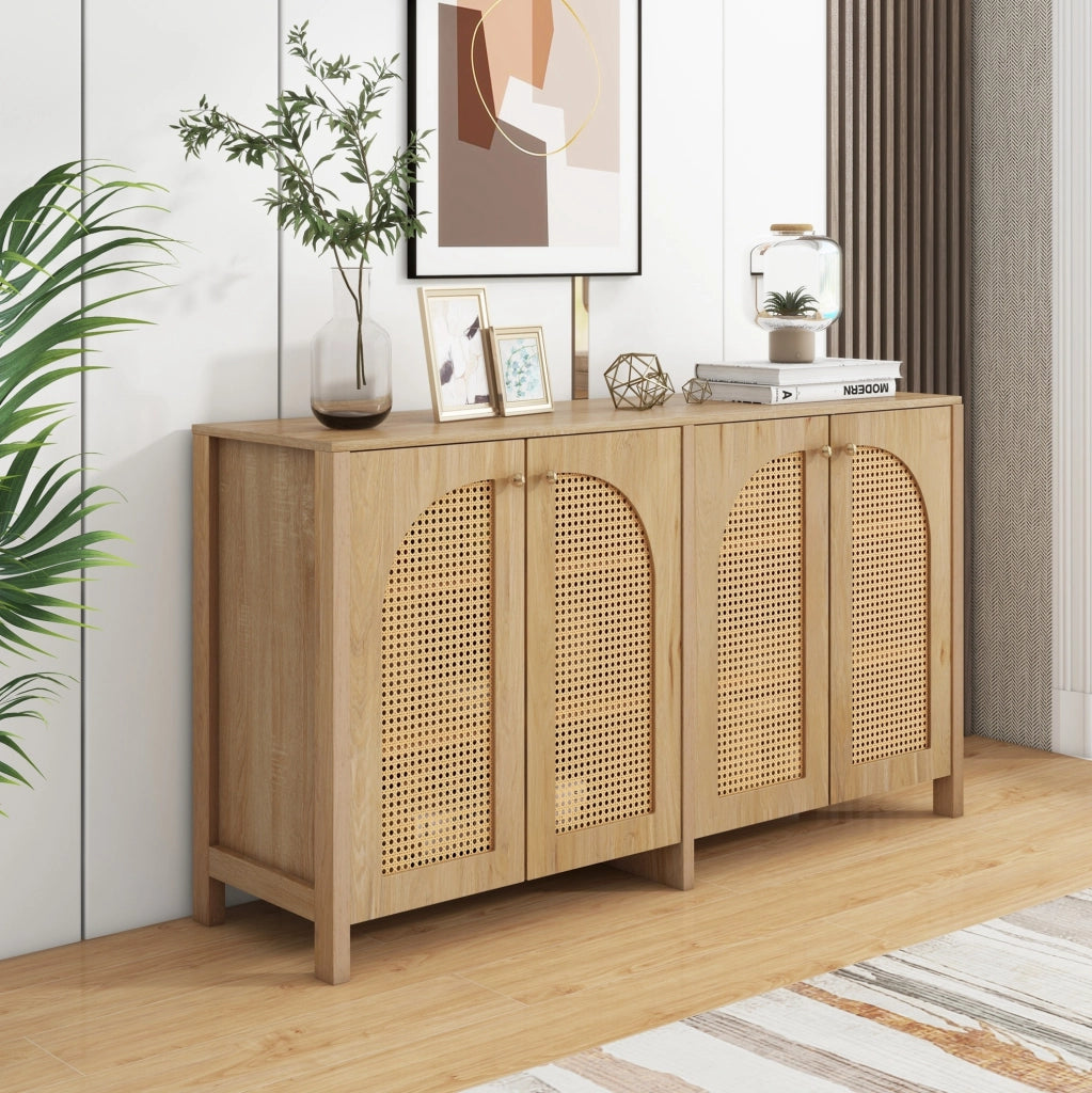 Madia 4 ante con inserti in rattan PE e ripiano regolabile; MDF colore naturale
