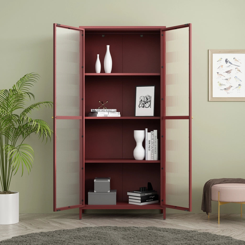 Armadio a Vetrata Säkylä con 4 Scomparti 180 x 80 x 35 cm in Acciaio - Rosso Vino [en.casa]