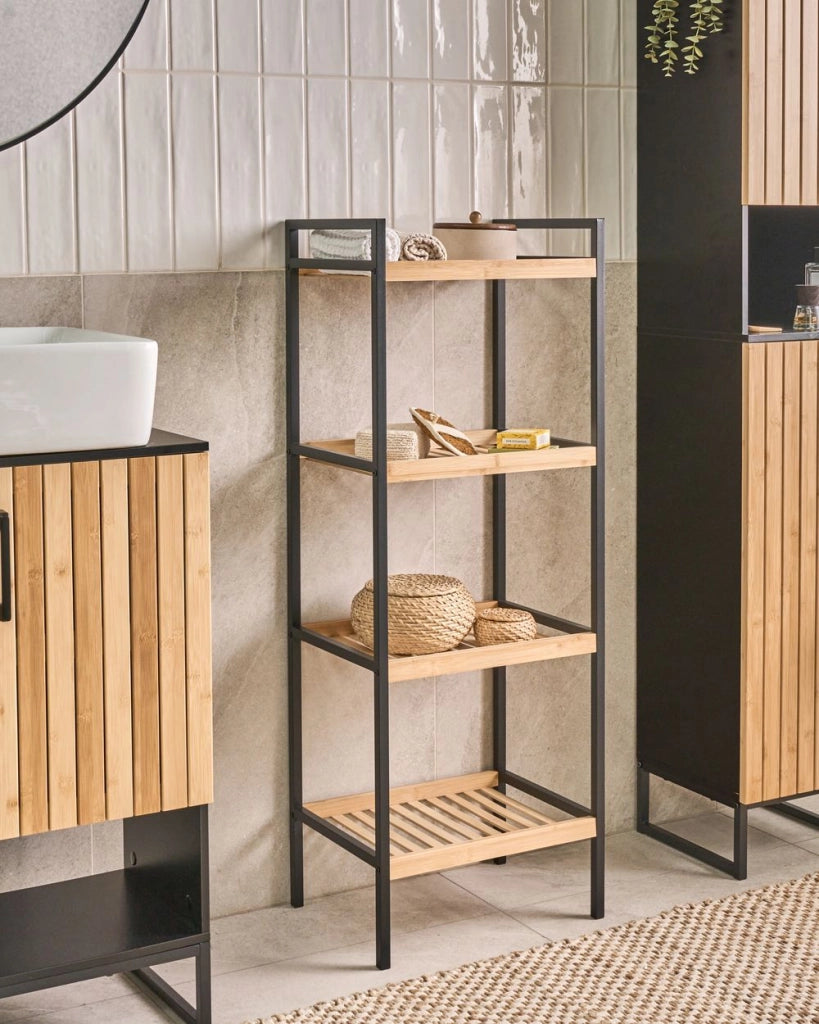 Scaffale da bagno a 4 ripiani con struttura in acciaio nero Accessori da bagno Bambù marrone chiaro