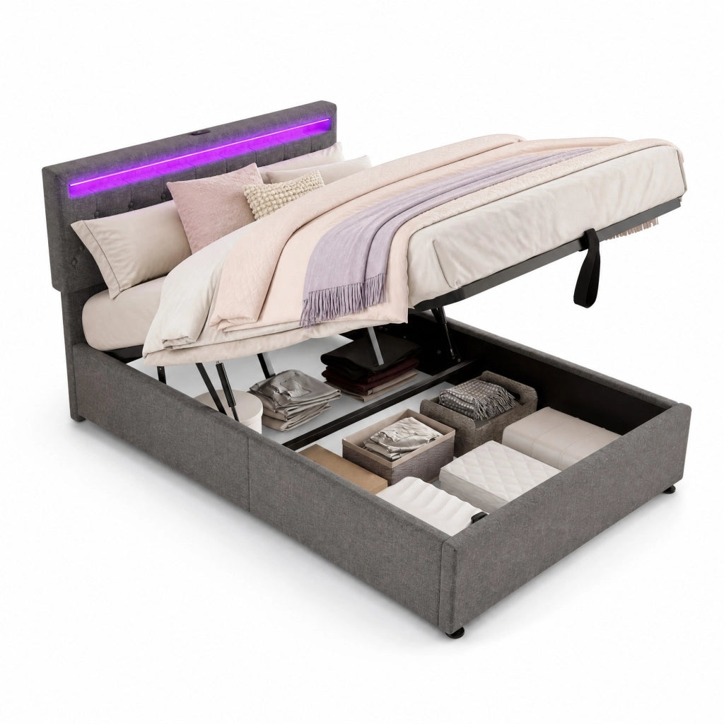 Letto matrimoniale 140x200 cm imbottito con contenitore; LED RGB; USB e USB-C; grigio