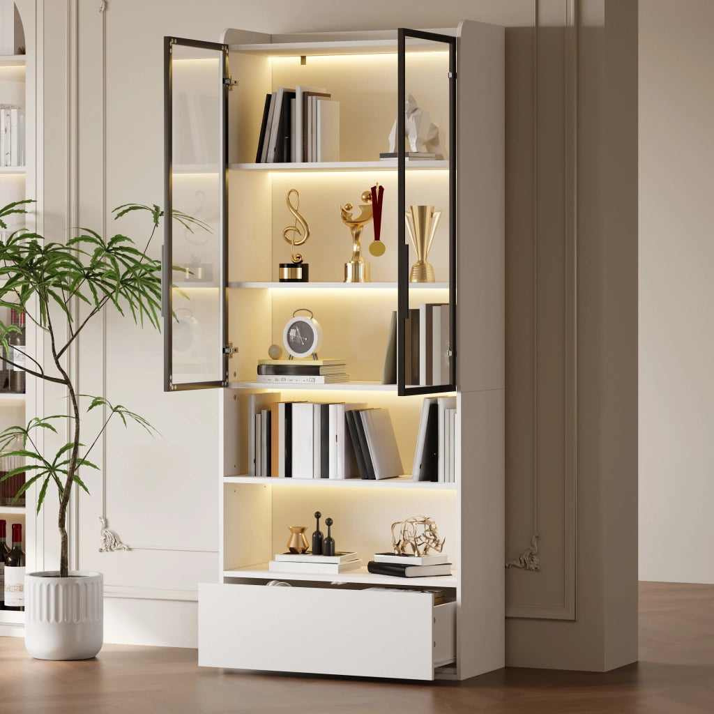 Vetrina alta con led e 1 cassetto con 6 vani e ante in vetro per soggiorno in mdf e vetro bianco 80 × 34 × 180 cm