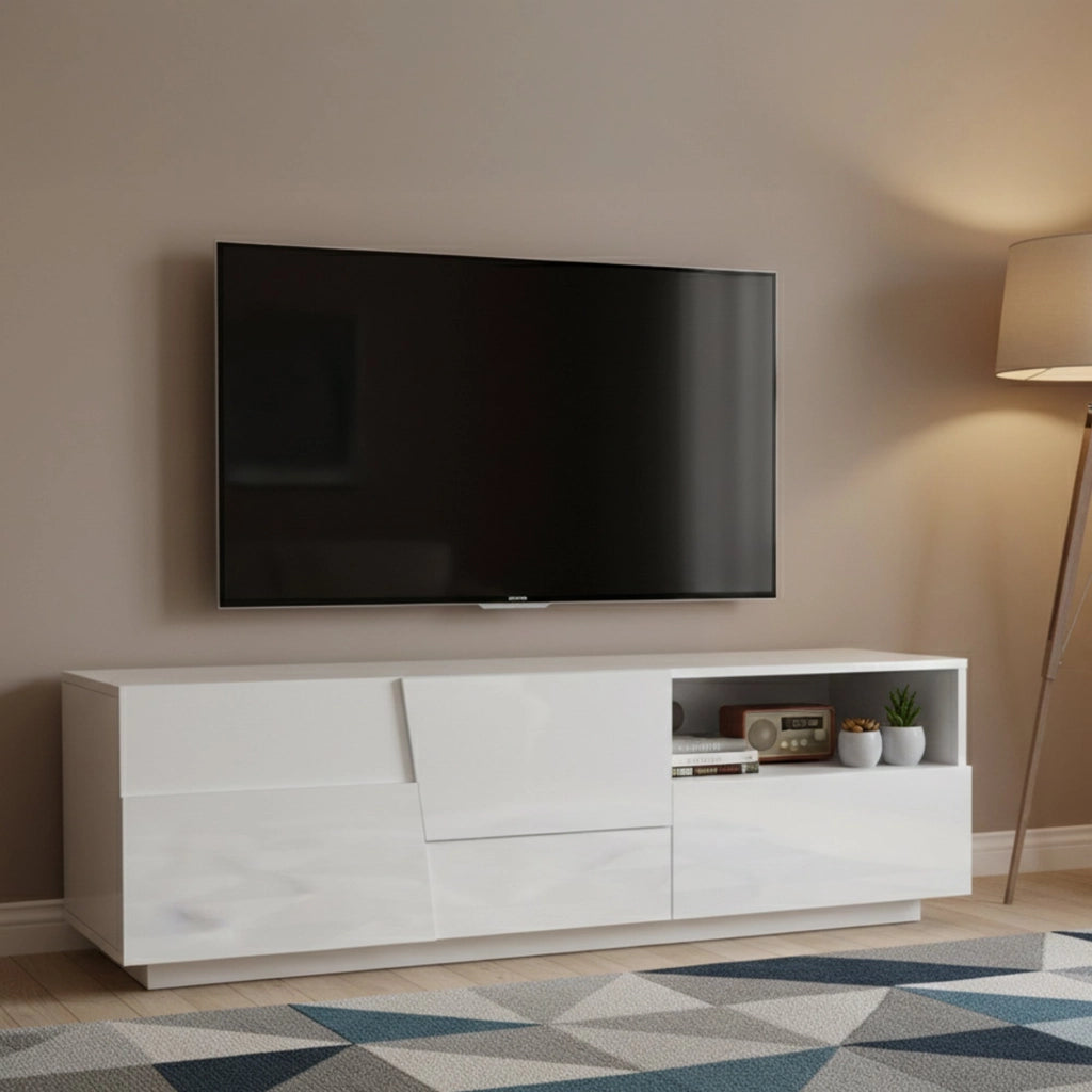 Mobile porta TV Cecia, Credenza bassa da soggiorno con 2 ante e 1 cassetto, Base porta TV, 150x44h46 cm, Bianco lucido