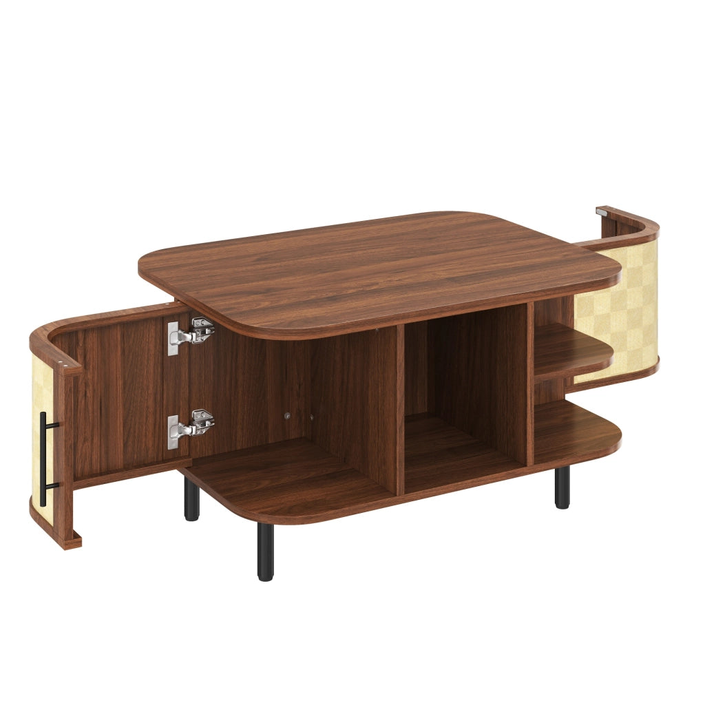 Tavolino, finitura intrecciata, in MDF, gambe in metallo, ripiani aperti, color noce