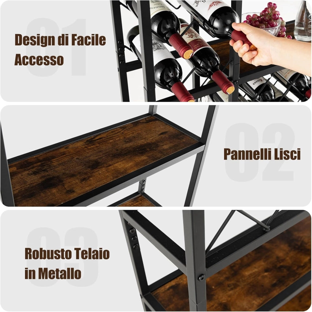 Portabottiglie da Terra, Cantinetta Portabottiglie Vino con Telaio in Metallo e 6 Ripiani, per 27 Bottiglie di Vino e 12 Bicchieri, per Cucina, Sala da Pranzo, 81 x 23 x 166 cm