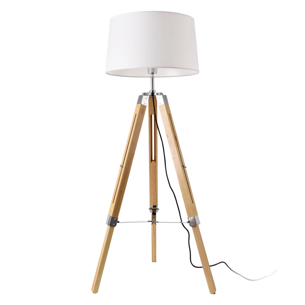 Lampada da Terra a Treppiede Regolabile in Altezza Piantana Tripode Base in Legno e Metallo Paralume in Tessuto -