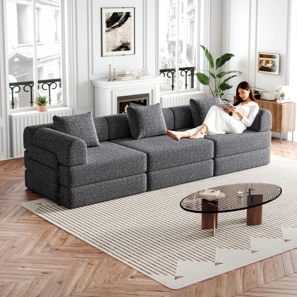 Divano letto convertibile modulare a 1 posto in ciniglia con vano bracciolo funzione letto struttura in acciaio grigio