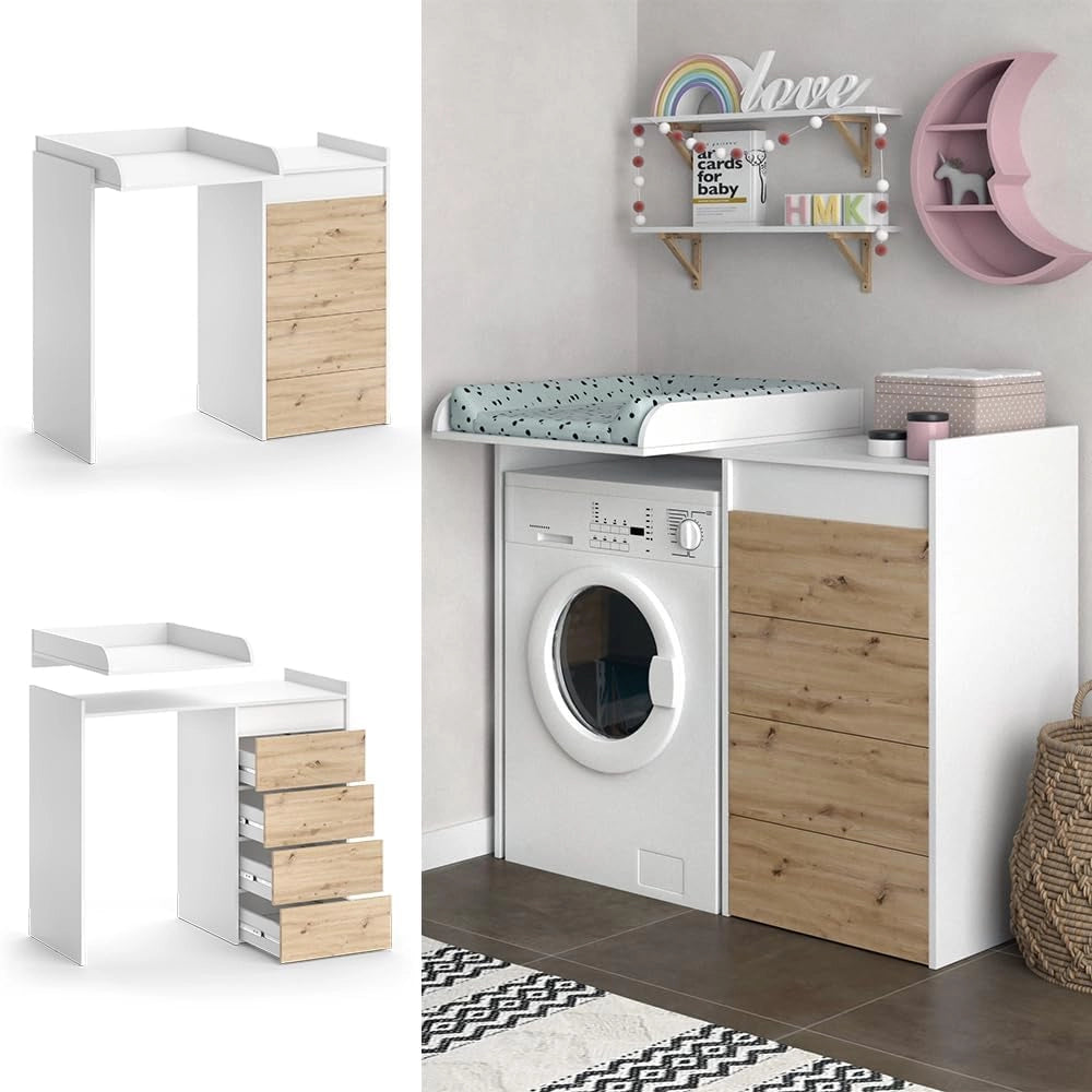 Mobile lavatrice Alf, Bianco, 116 x 98 cm con 4 cassetti, per riporre risparmiando spazio sopra la lavatrice