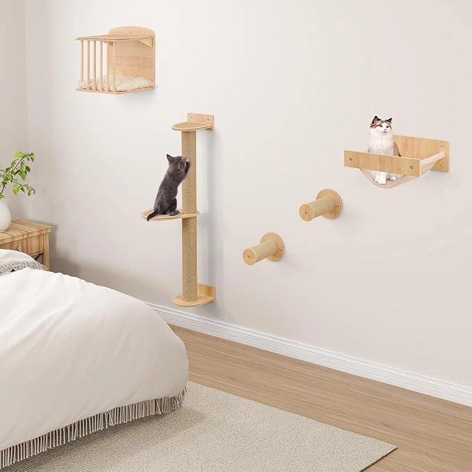 Mensole da Parete per Gatti da Arrampicata, Set Mobili a Murocon 4 Livelli, Amaca, Posto per Graffiare e Tappetini, Albero Tiragraffi Salvaspazio (Modello 5)