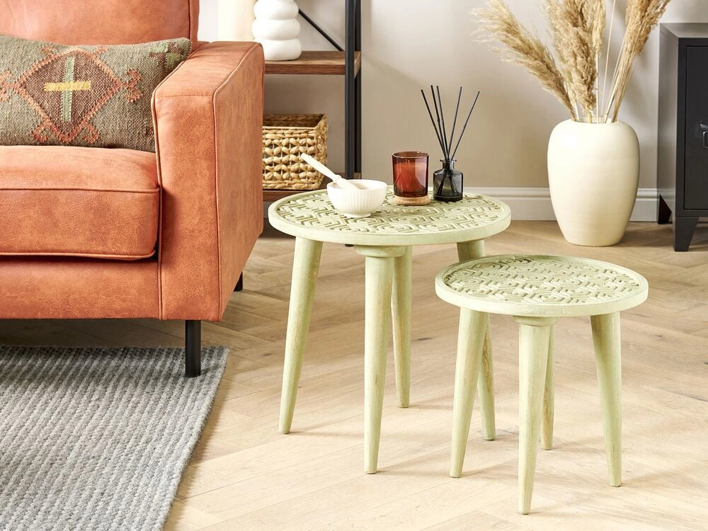 Set di 2 tavolini in legno di mango verde chiaro fatto a mano stile vintage retrò soggiorno camera da letto