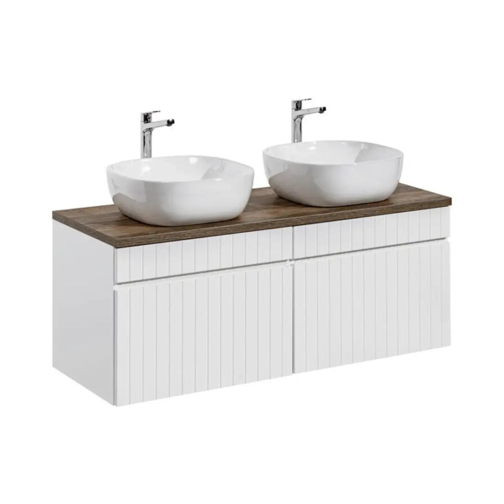 Set ICON bianco: mobili sottolavabo 160cm + piano per lavabo + due lavabi da appoggio bianchi