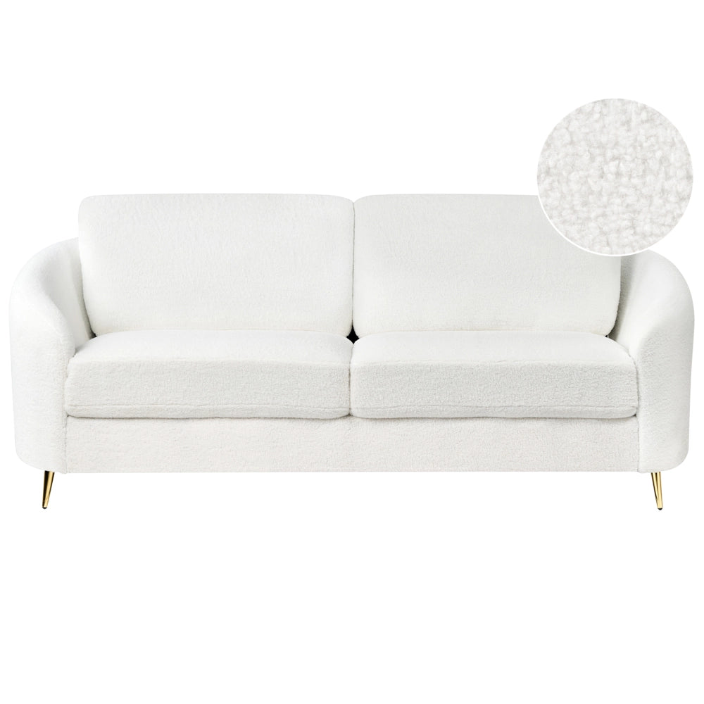 Divano 3 posti in tessuto bouclè bianco con piedi dorati curve morbide stile glamour elegante soggiorno