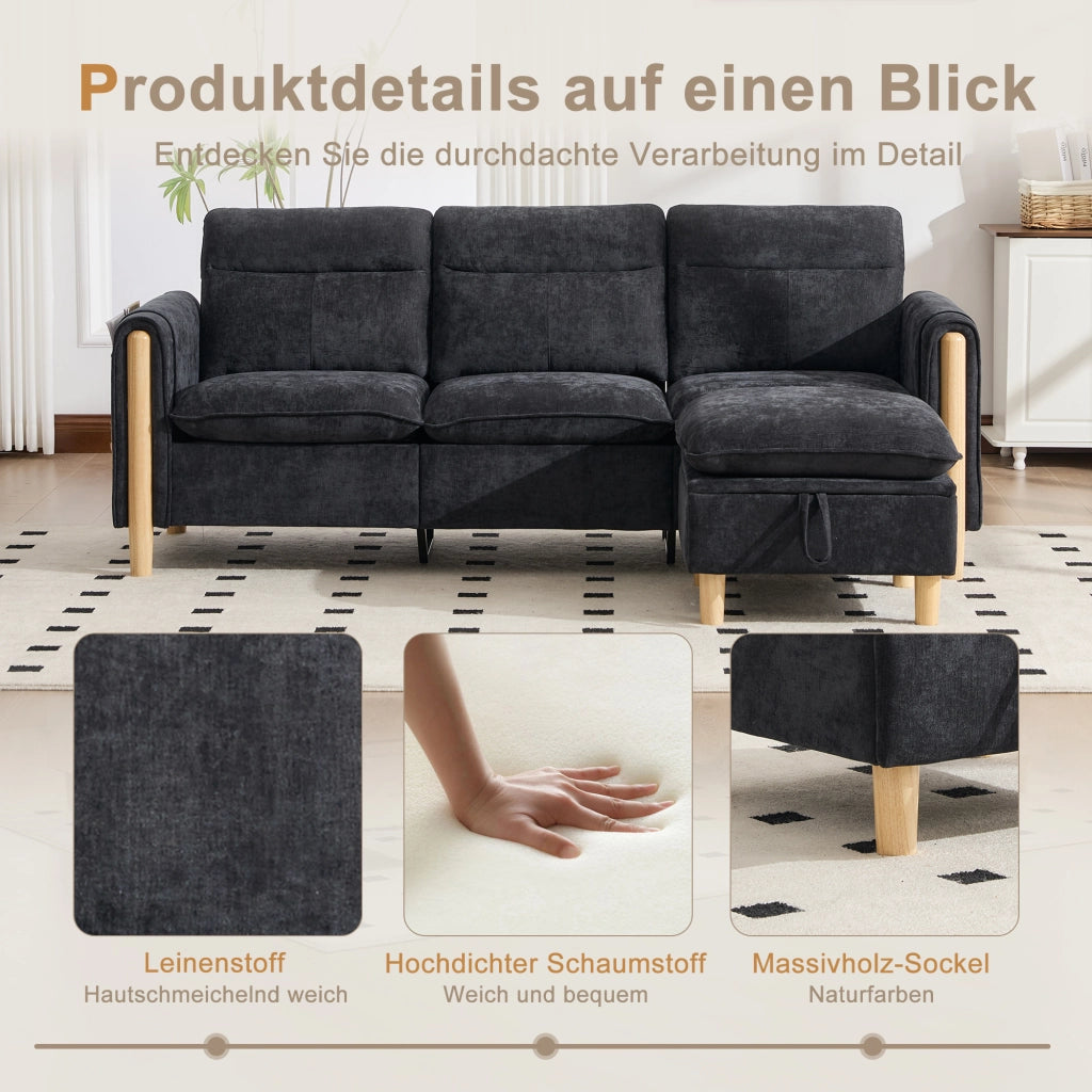 Divano angolare modulare a tre posti con pouf contenitore e tasche laterali in ciniglia nero 201 × 77 × 86 cm