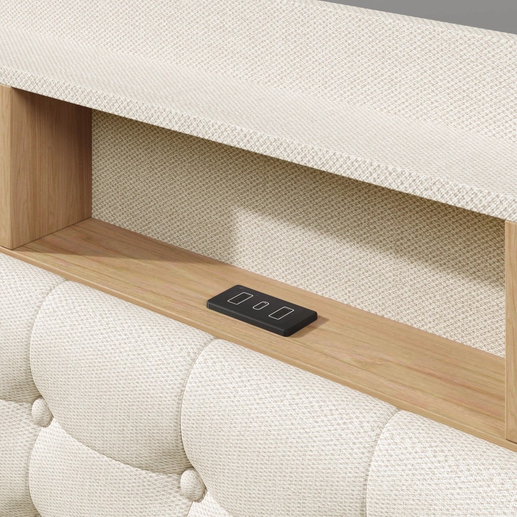 Letto contenitore matrimoniale con LED; USB; type-C e vani 180 × 200 cm; senza materasso; beige