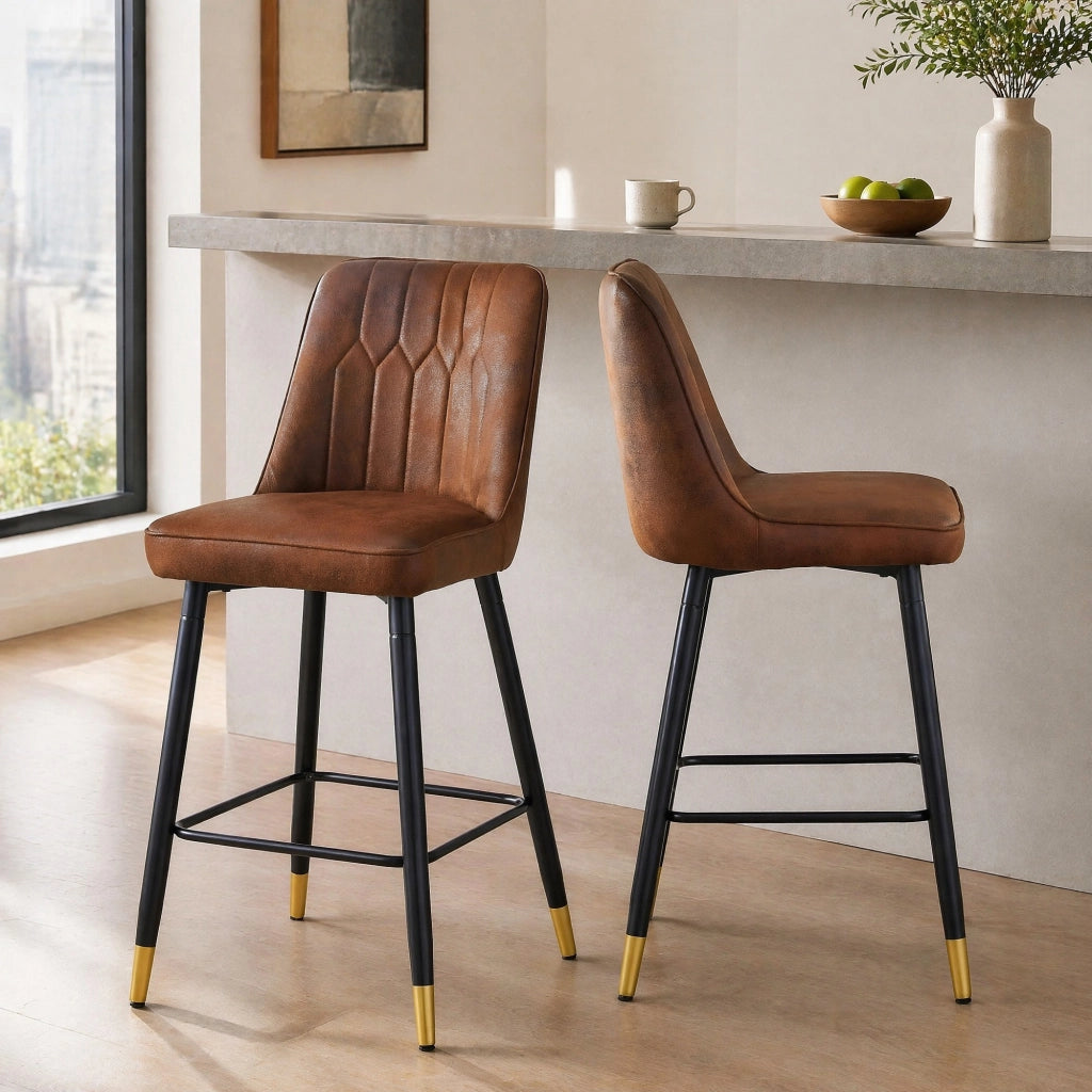 Sgabello da bar set di 2 con schienale e poggiapiedi in tessuto tecnico marrone e metallo nero