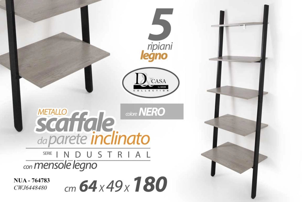 SCAFFALE DA PARETE INCLINATO CON 5 RIPIANI 64X48.5XH180 CM IN COLORE NERO