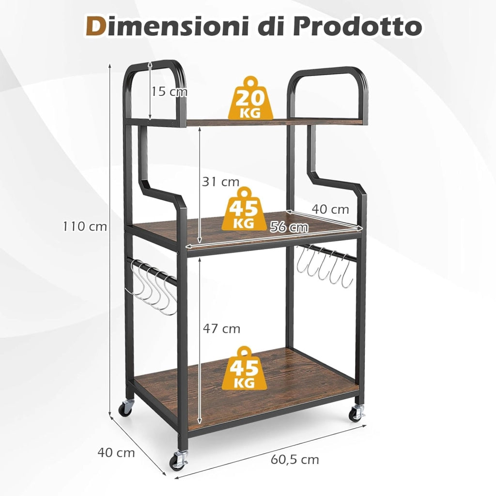 Supporto Porta Stampante con Ruote, Carrello Portaoggetti a 3 Ripiani in Legno, Scaffale Multiuso con 10 Ganci, per Cucina Ufficio, 60,5 x 40 x 110 cm (Marrone)