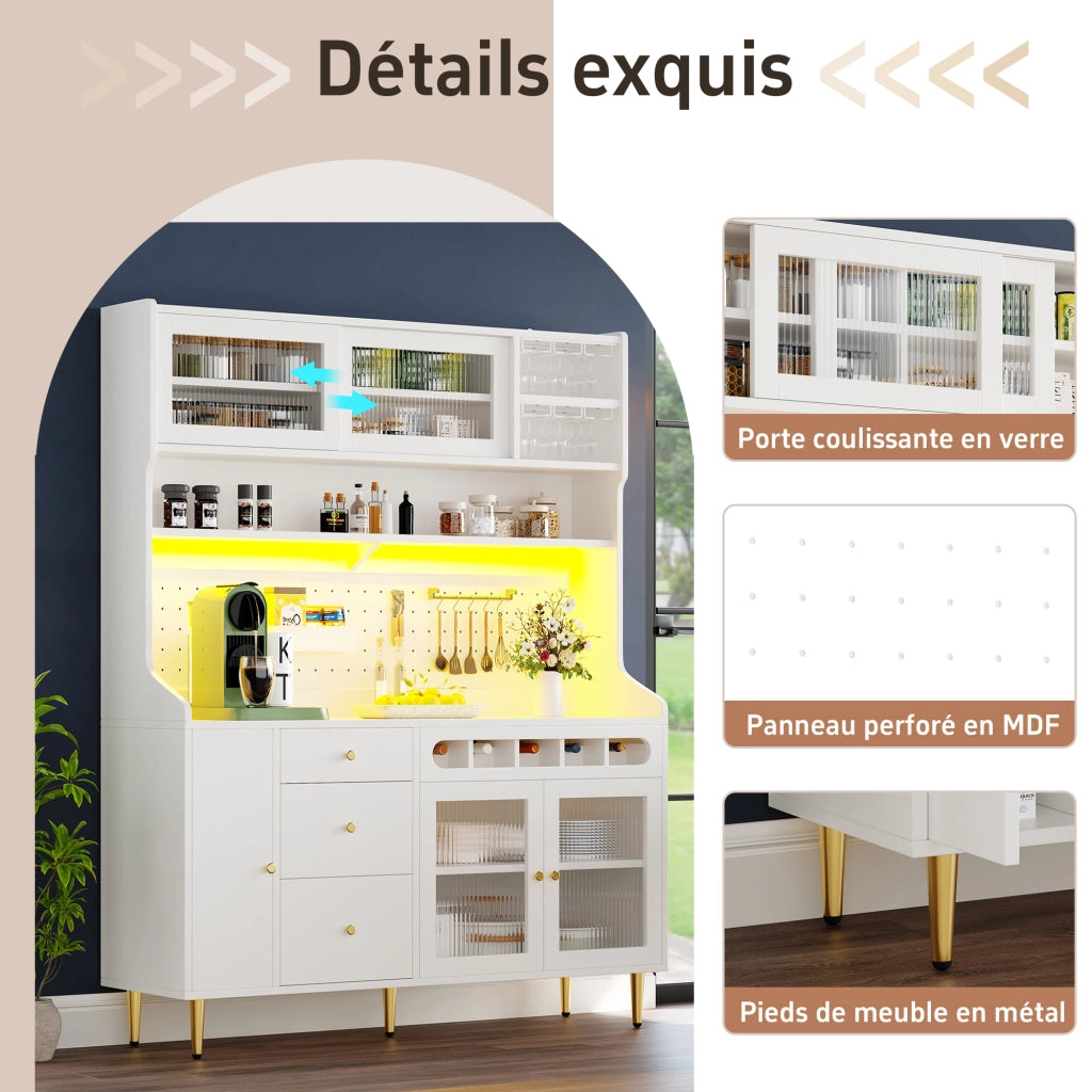 Credenza Alta da Cucina con Ante Scorrevoli in Vetro; Cassetto; Ripiani Regolabili; LED; Portabicchieri; Bianco 145x39x171 cm