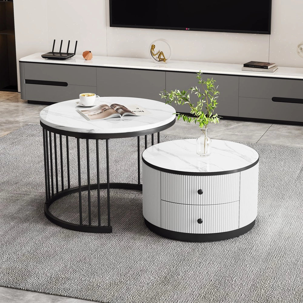 Set 2 Tavolini da Salotto Rotondi ¨C Xylo ¨C Bianco Lucido, Effetto Marmo, 2 Cassetti, 60x60x45 & 50x50x32