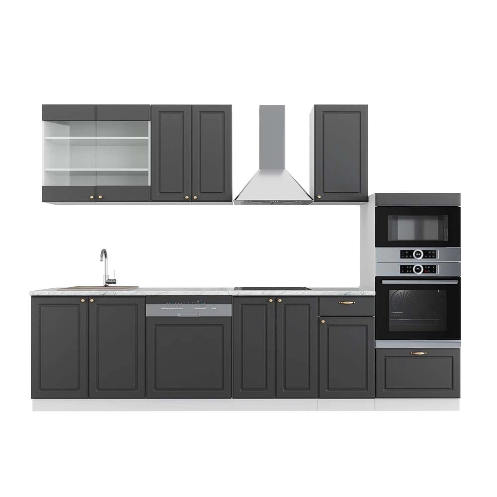 Cucina componibile Fame-Line Antracite-oro/Bianco 300 cm con armadio alto, PL Marmo Vicco