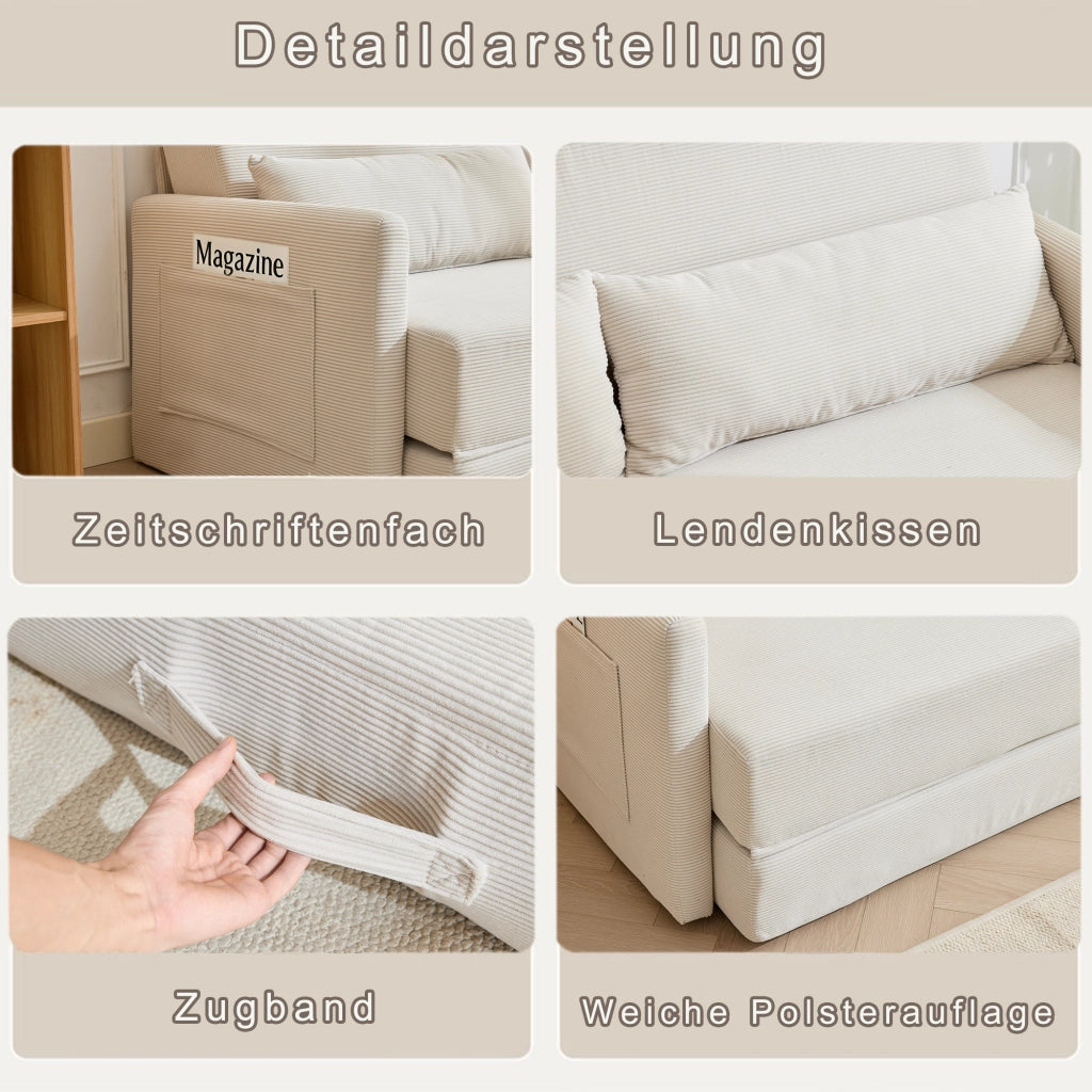 Divano letto pieghevole a 2 posti in tessuto effetto corda con 2 cuscini lombari e tasche beige per piccoli spazi