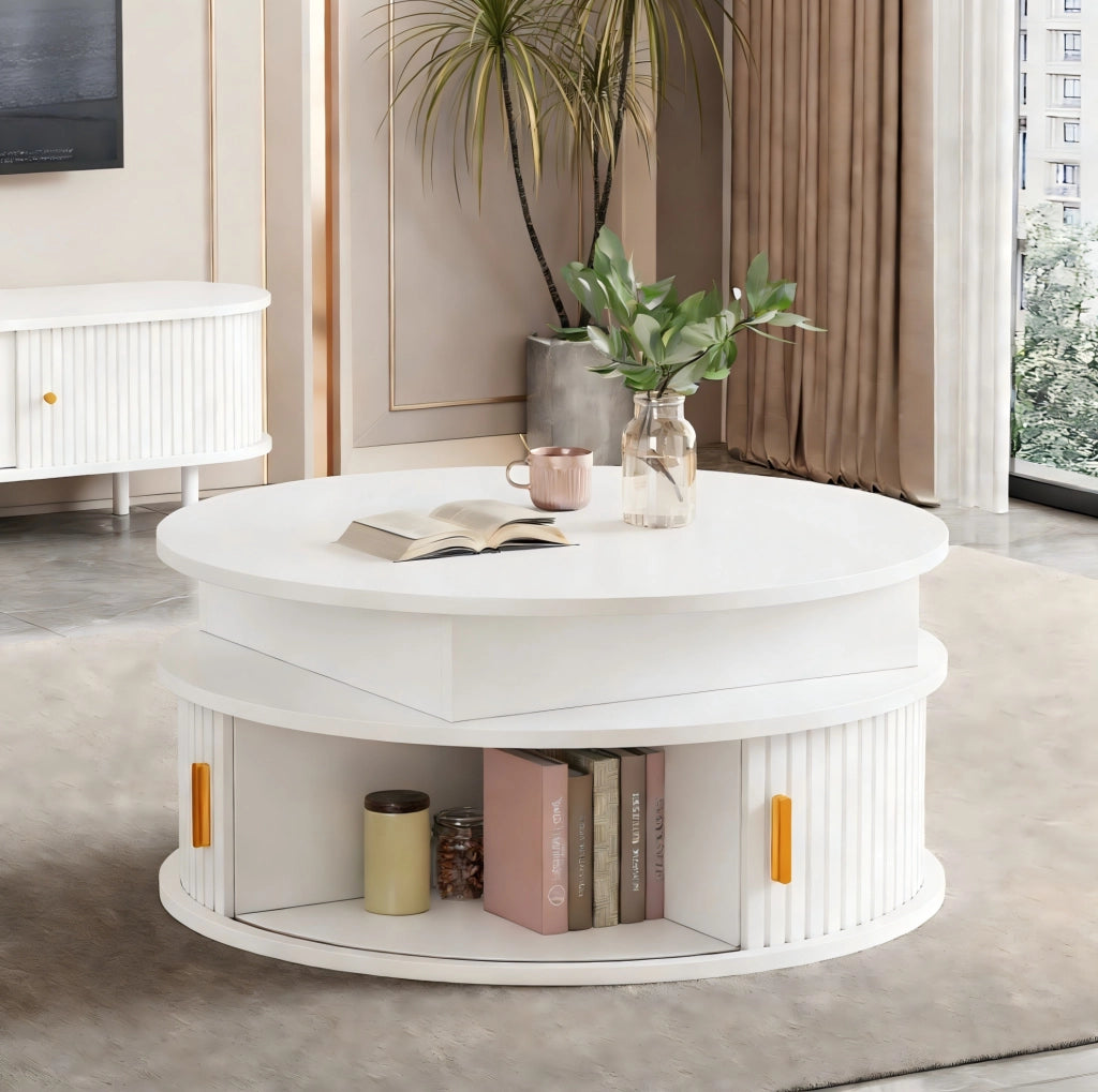 Tavolino rotondo elevabile 75 cm bianco con LED, vano contenitore e serrande