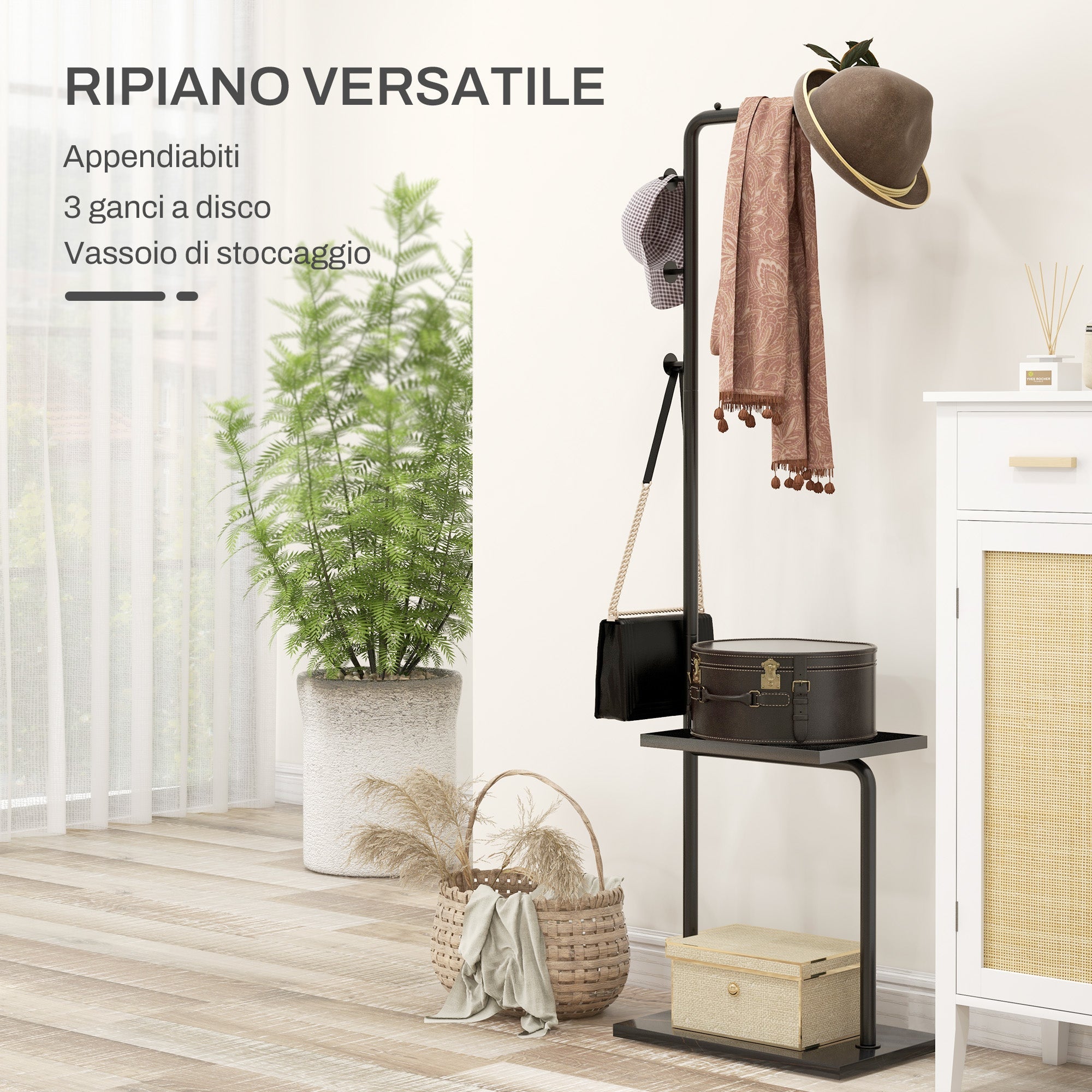 Appendiabiti da Terra a C 3 Ganci Ripiano e Base in Pietra Nero