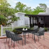 Set da Giardino per 4 Persone in Rattan PE con Sedie Impilabili e Cuscini, Piano in Vetro Temperato, Struttura in Alluminio, Grigio