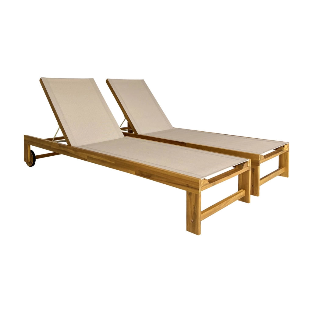 Set 2 lettini prendisole in legno multiposizione con ruote, beige