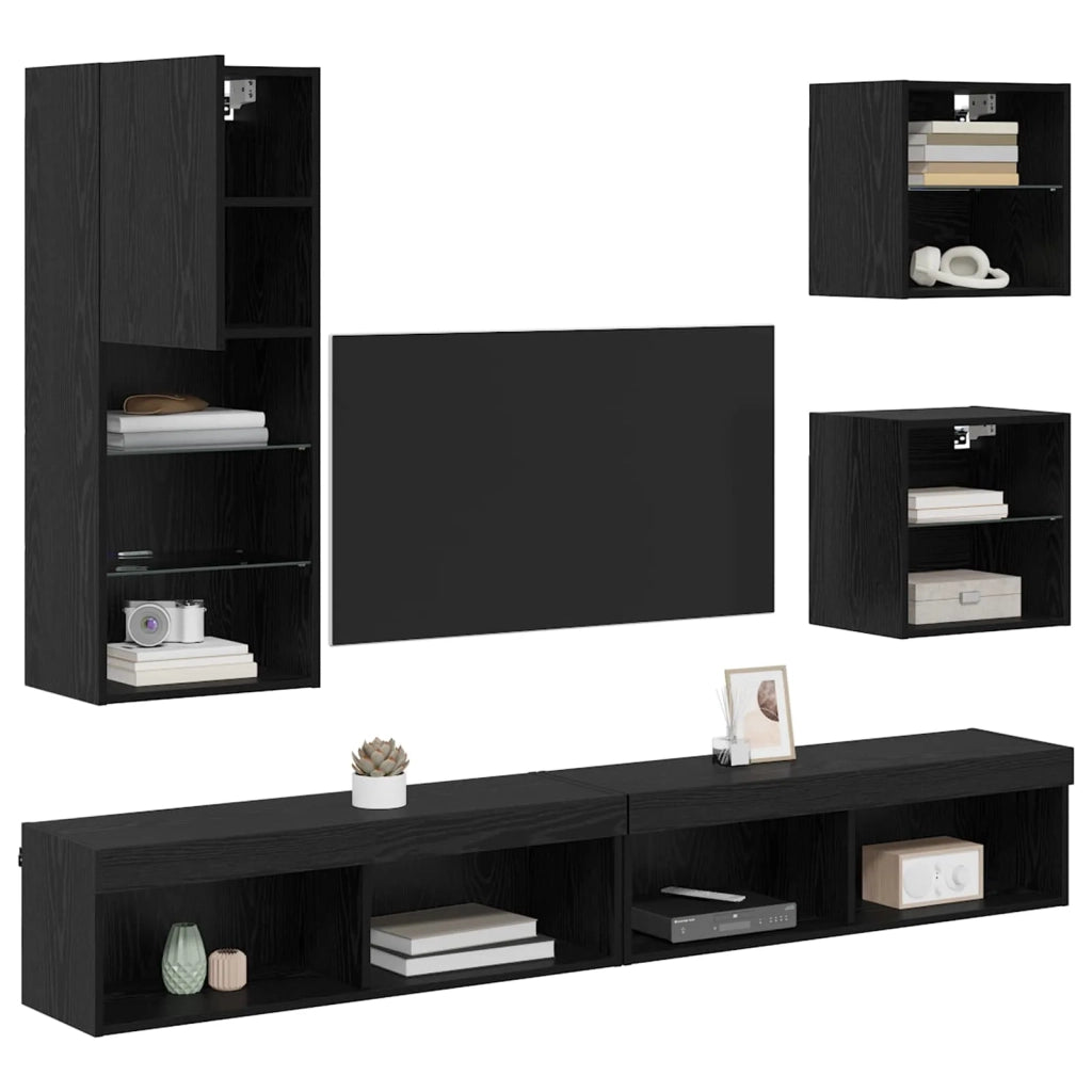 Unità a muro per TV con LED 5 pcs Rovere Nero Legno multistrato