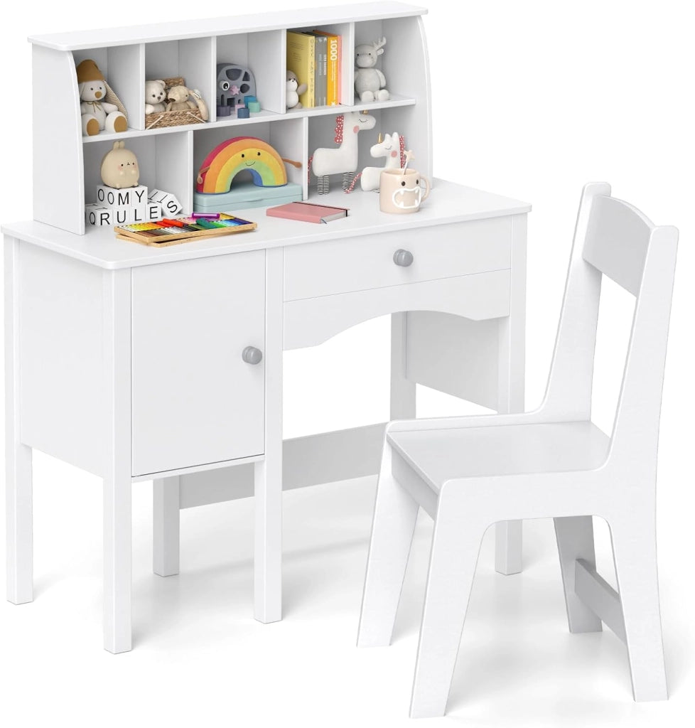 Set Scrivania e Sedia per Bambini in Legno, Tavolo e Sedia per Cameretta con Cassetto, Ripiano e Armadietto, Scrivania per Bambini Età 3+ Anni per Computer