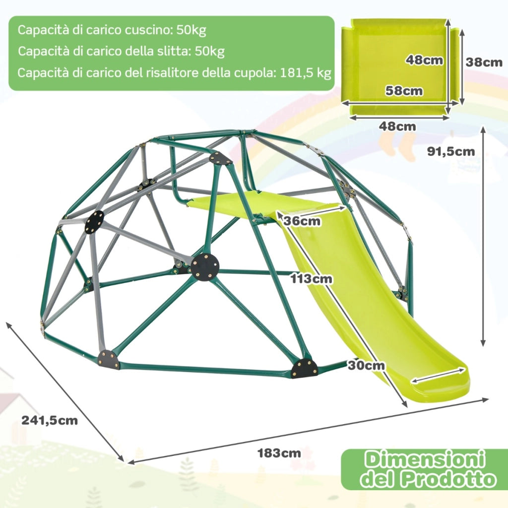 Cupola di arrampicata e set da gioco con scivolo capacit¨¤ di carico di 180KG, Parco giochi per bambini Grigio e verde-Arrampicate e scivoli