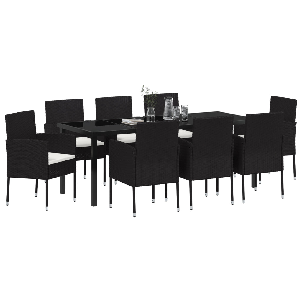 Set da pranzo da giardino 9 pezzi con cuscini in polyrattan nero