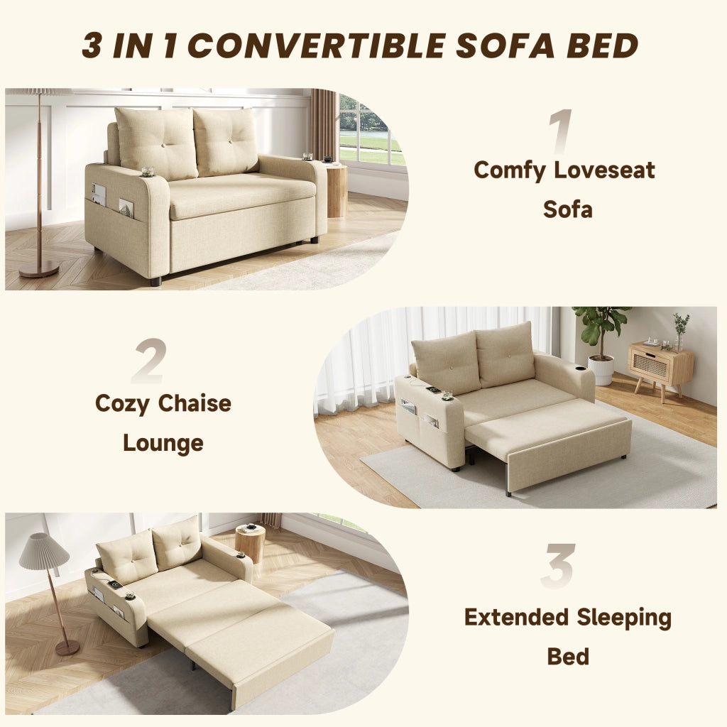 Divano Letto 3-in-1 Beige con Porta Bicchieri, Tasche Laterali, Cuscini e Porta USB, 2 Posti