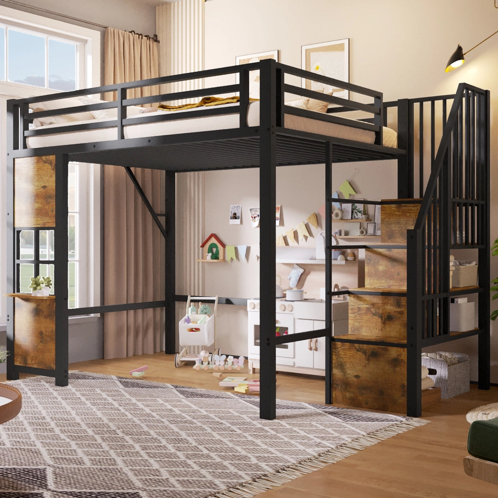 Letto a soppalco 140x200 cm con scala contenitore; finestra; spazio libero sottostante e parapetto; metallo nero