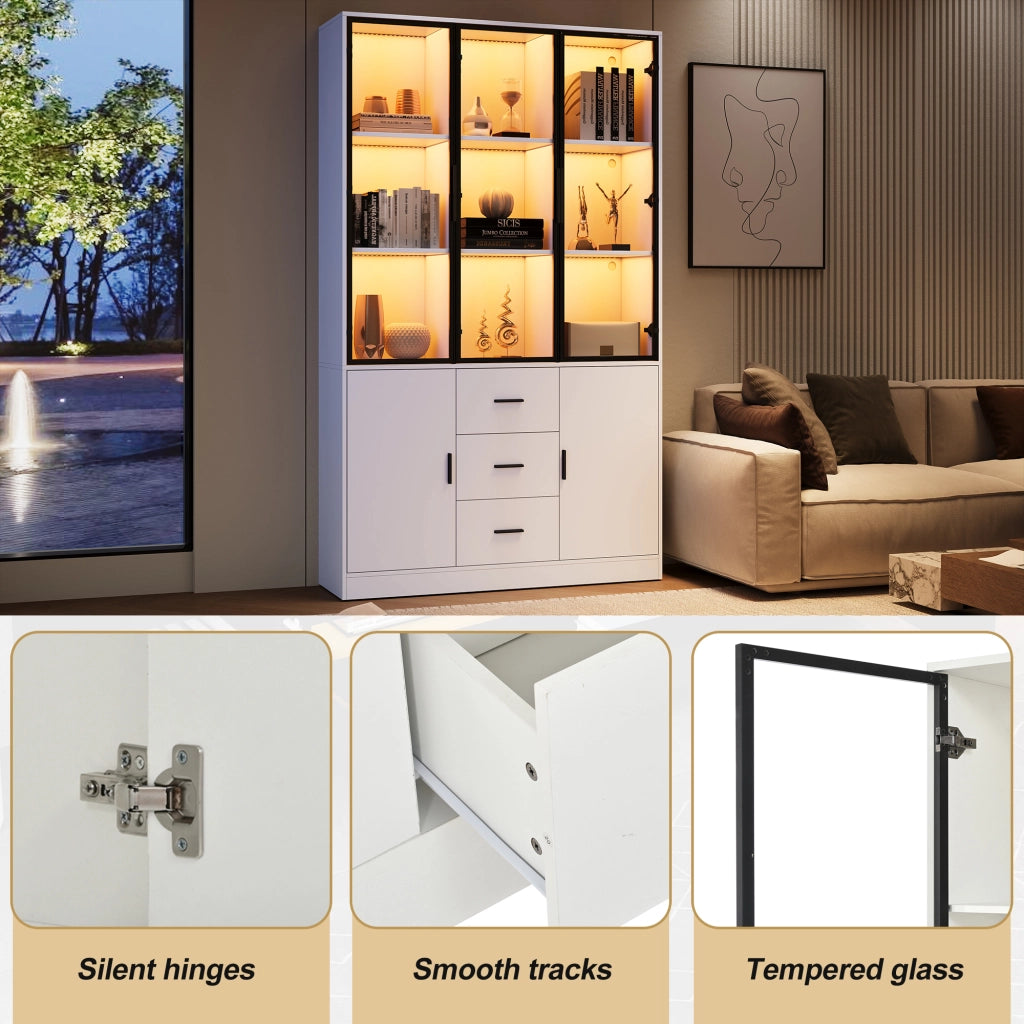 Vetrina con LED RGB e Bluetooth 5 ante 3 cassetti 13 vani ripiani regolabili per soggiorno bianco 120 × 30 × 200 cm