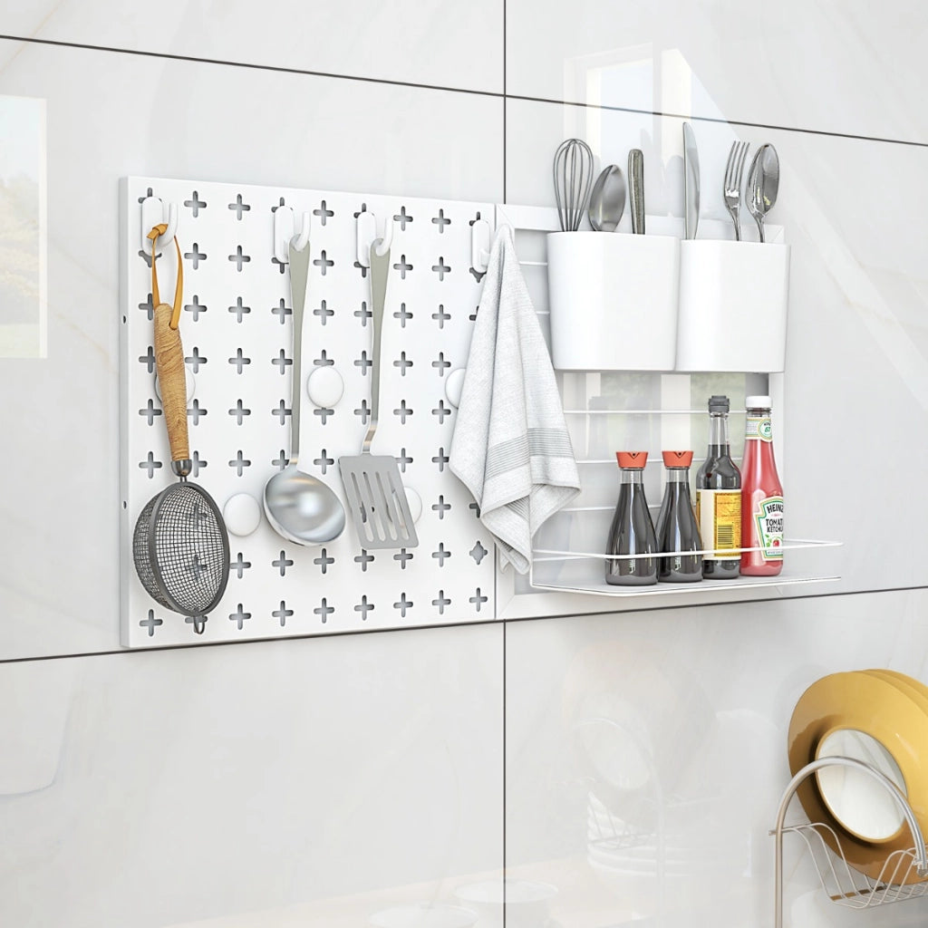 Kit combinato di pannelli forati con mensola portaoggetti contenitori magneti e ganci, Kit 2 pannelli portaoggetti-Organizzazione della cucina
