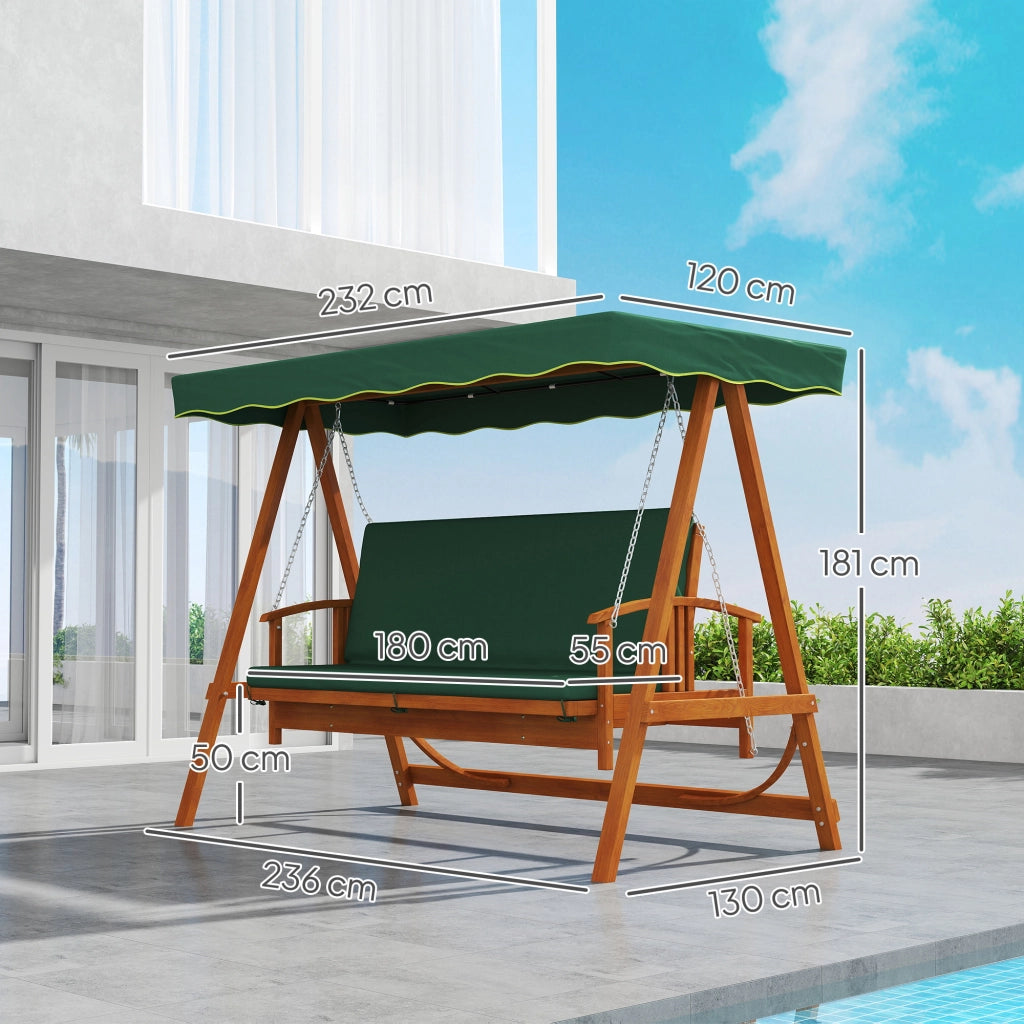 Altalena da giardino in legno massiccio a 3 posti con tendone solare inclinabile verde