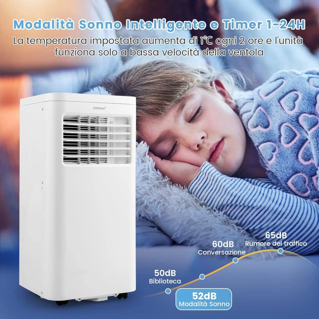Condizionatore Portatile, 9000 BTU/2,5kW, 4 in 1 Con Raffreddamento, Ventola, Deumidificazione e Modalità Notturna, 24H Timer, Refrigerante R290 (9000BTU|20㎡+)