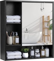 Mobile Bagno con Specchio, Specchio Bagno Contenitore con Porta Singola e 3 Ripiani Aperti, Mobiletto Salvaspazio in Legno per Lavanderia e Ingresso, 56 x 16 x 61 cm (Nero)