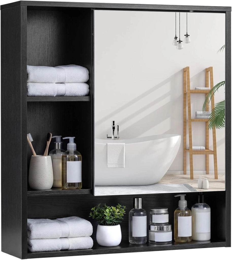 Mobile Bagno con Specchio, Specchio Bagno Contenitore con Porta Singola e 3 Ripiani Aperti, Mobiletto Salvaspazio in Legno per Lavanderia e Ingresso, 56 x 16 x 61 cm (Nero)
