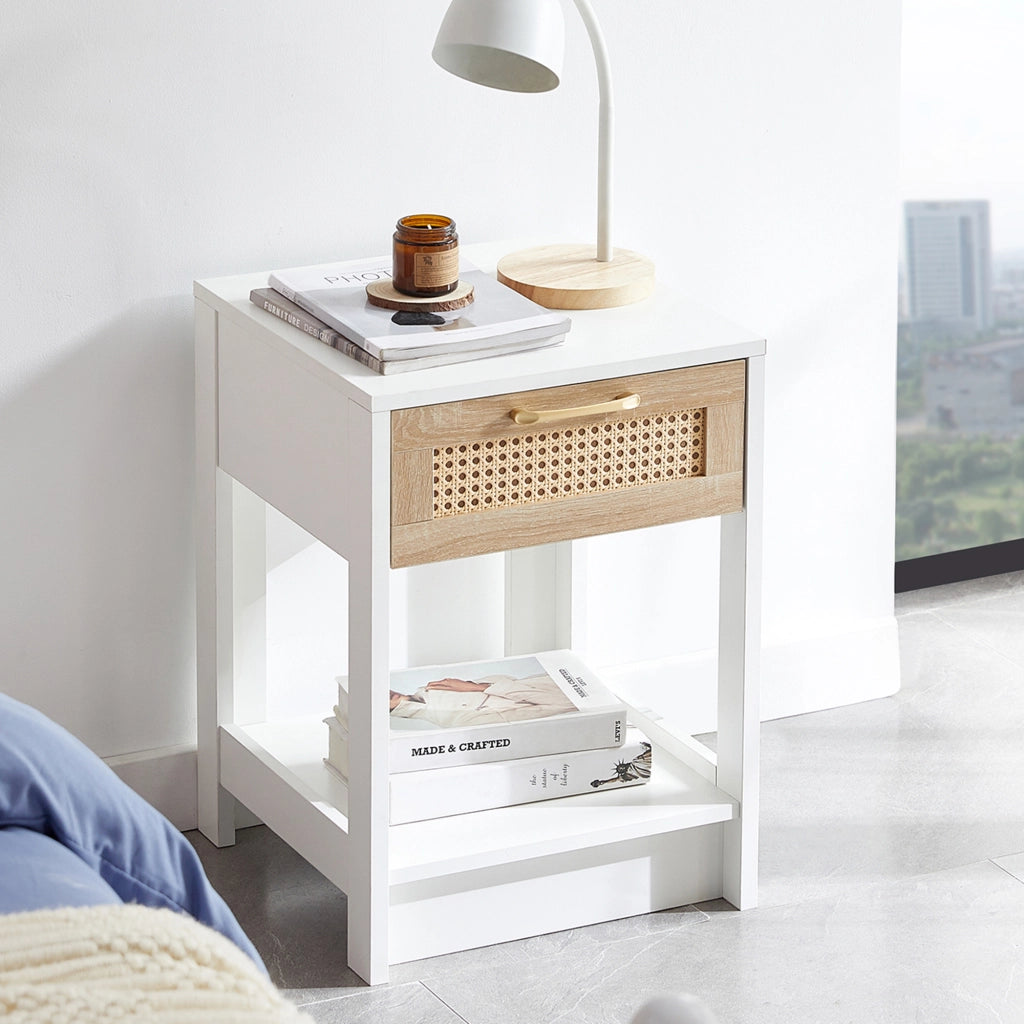 Comodino con 1 cassetto; effetto rattan; per camera da letto; in MDF; 40×40×55 cm; bianco