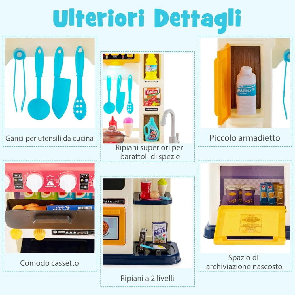65 Pezzi Cucina Giocattolo per Bambini, Mini Cucina con Finto Vapore Cappa Aspirante, Rubinetto con Acqua Corrente, Canzoni, Luci e Suoni Realistici, 3 Anni+, 45 x 26 x 79 cm (Blu)