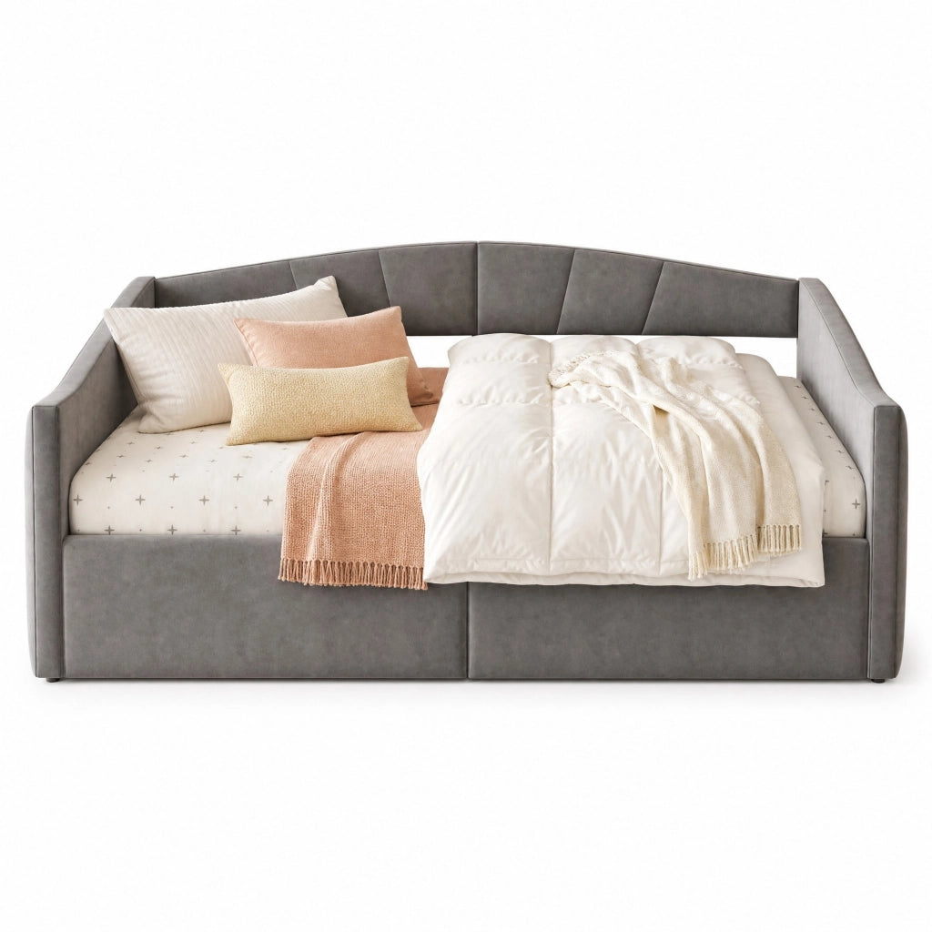 Letto imbottito / divano letto con sollevamento idraulico, contenitore salvaspazio, rete a doghe, tessuto in velluto grigio, 140x200 cm