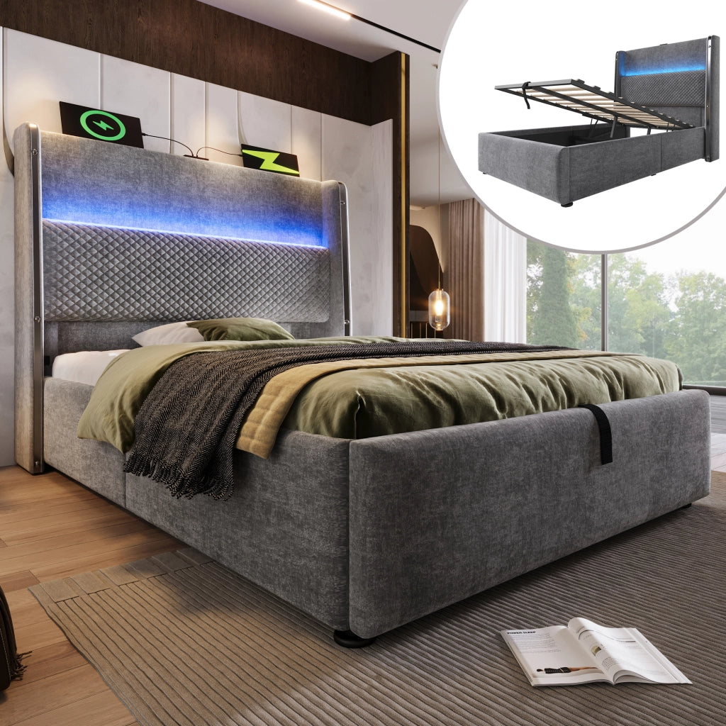 Letto singolo 90x200 cm con testiera alta, LED, vano contenitore e prese USB/Type-C, grigio