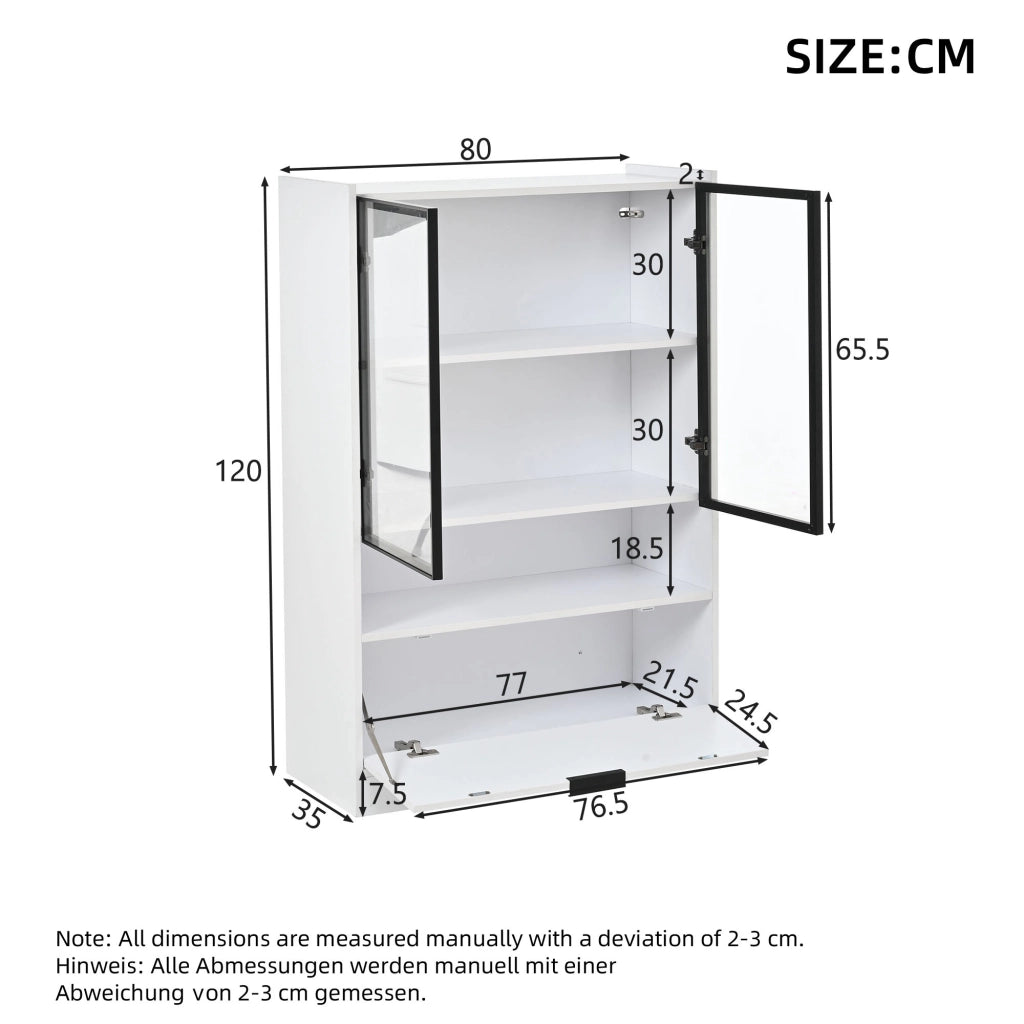 Vetrina con LED e ante in vetro, vano ribaltabile, per soggiorno, in truciolare e vetro, bianco 120 × 80 × 35 cm