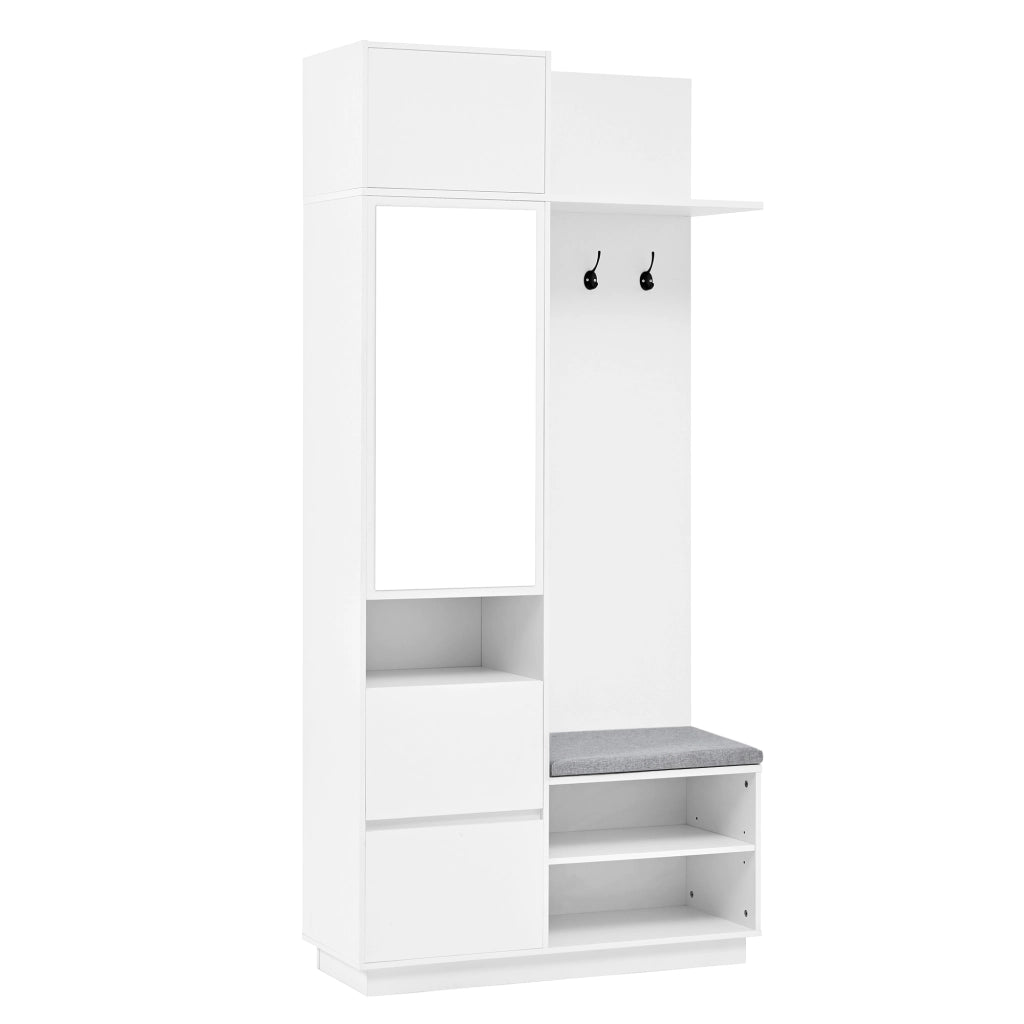 Mobile Ingresso con Specchio e Panca; Scarpiera con Ganci; Cassetti e Ripiani; Stile Moderno; in MDF; Bianco; 90??34;5??190 cm