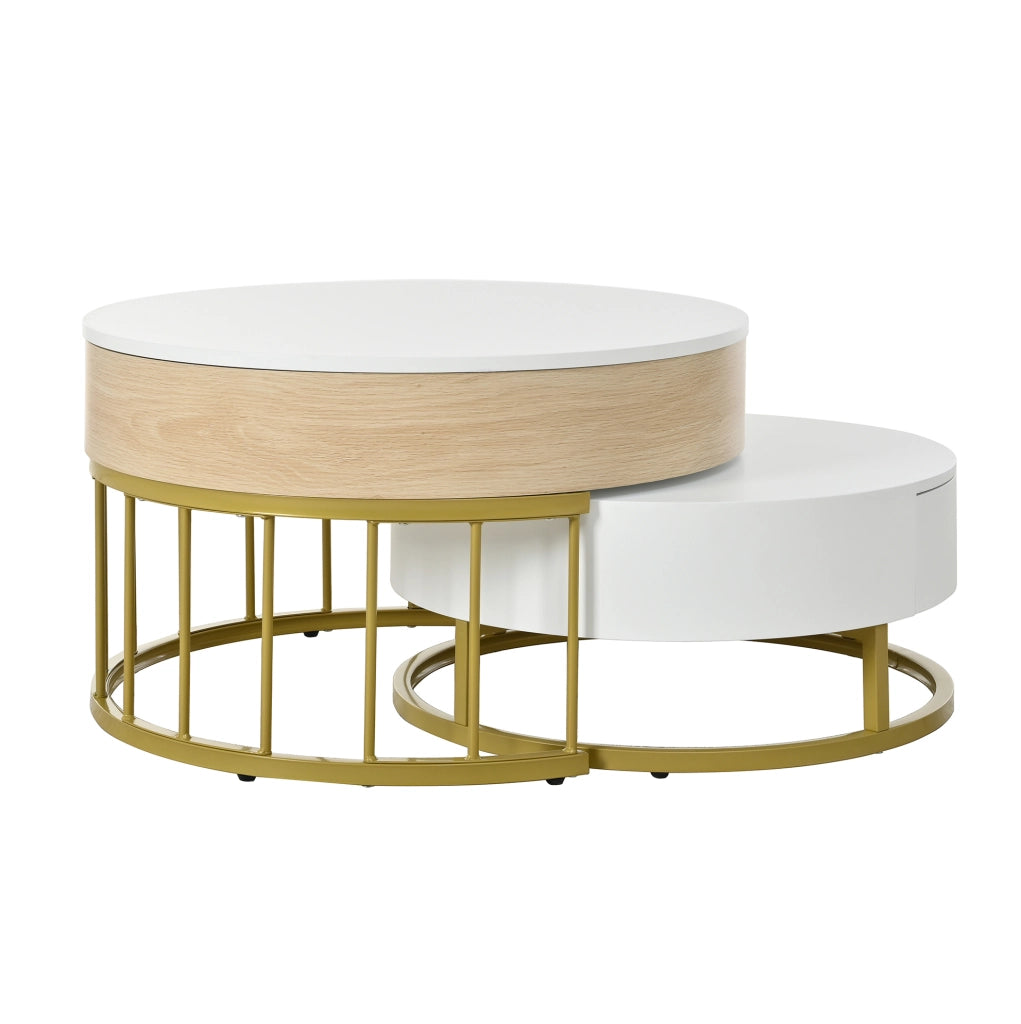 Set di tavolini rotondi 70x56 cm e 60x27 cm bianco MDF, piano sollevabile e cassetto