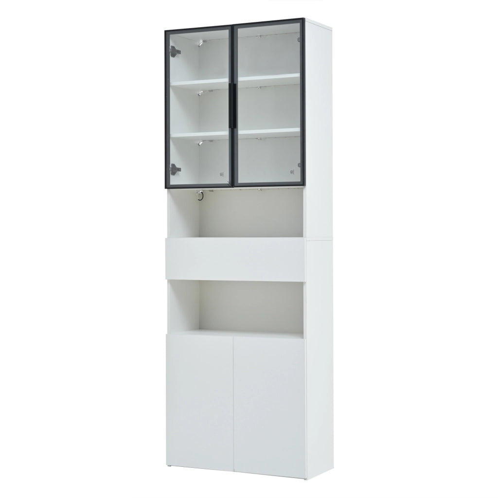 Vetrina con 2 ante in vetro, 1 cassetto, 2 vani aperti e LED, per soggiorno, in truciolare, bianco, 70 × 30 × 200 cm